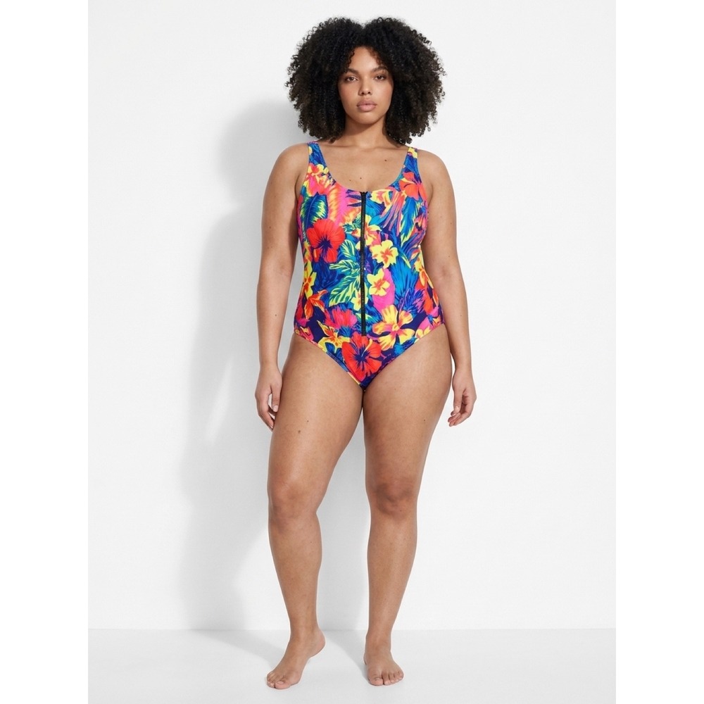 Women's SHEIN Vibrant Tropical Floral Zip Front One Piece Swimsuit Plus 3XL NWOT